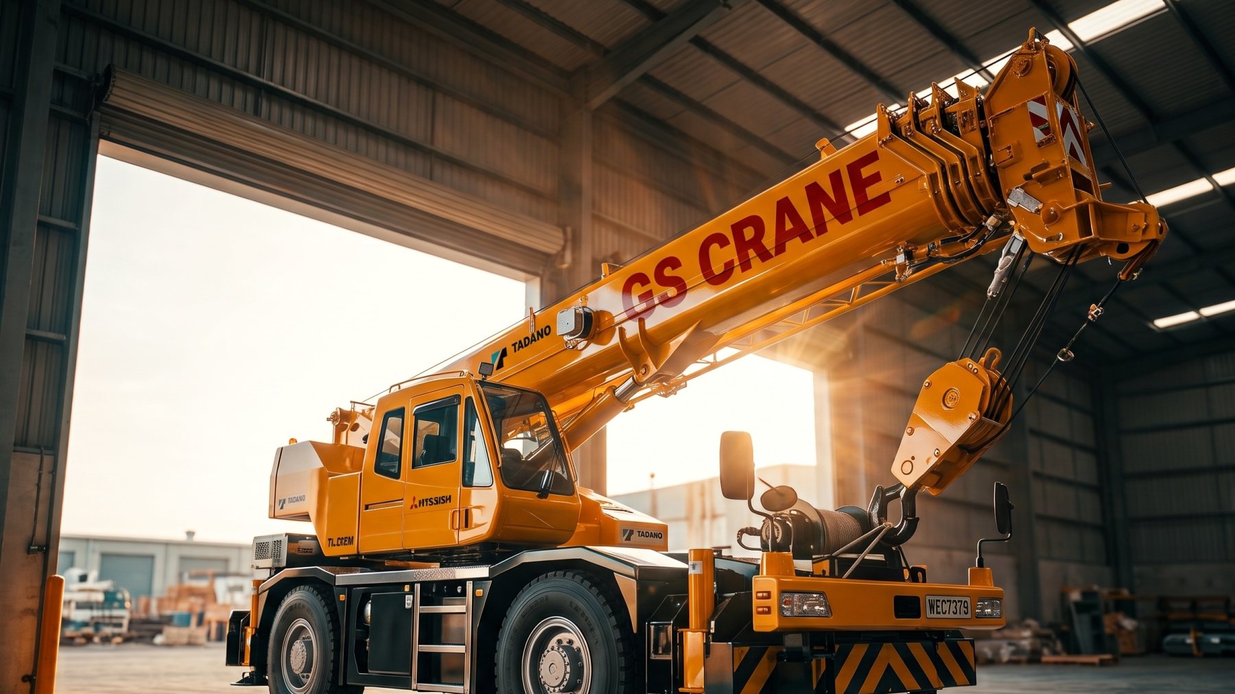 Kren mudah alih Tadano 20 tan GS Crane berwarna kuning dengan boom dinaikkan dalam bangsal besi