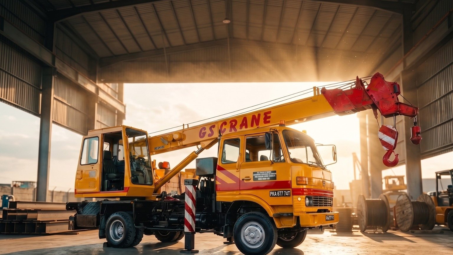 Kren lori kuning GS Crane pada trak Mitsubishi Fuso, diletak dalam bangsal besi